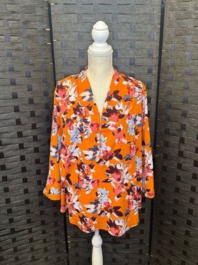 Jacklyn Smith Collection Bright Orange Floral V-Neck Blouse